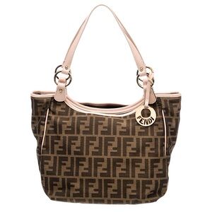 Fendi Zucca FF Hobo Bag Brown Canvas Pink Leather Trim Gold Hardware